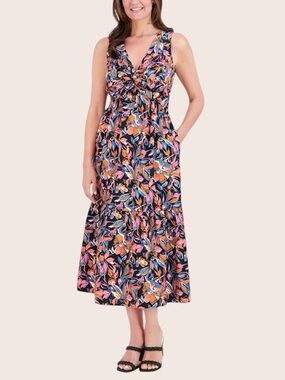 French Connection Cotton Tie Front Midi Dress Pockets Floral Print Large